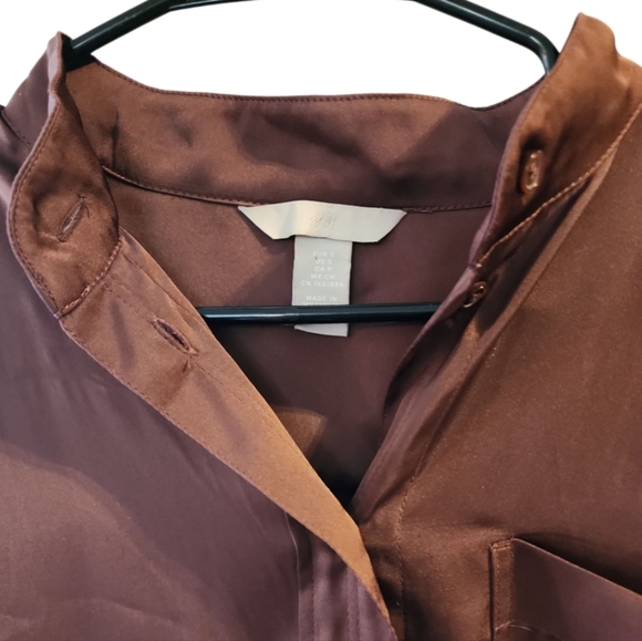 H&M Tunic Dress Chocolate Brown Band Collar Button Up Long Sleeve Large Cuffs - Picture 3 of 6